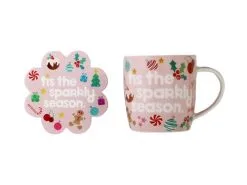 Kasey Rainbow Sparkly Season Mug 350ML & Coaster Set Pink Gift Boxed -Tea & Coffee Shop dx1298 set