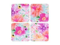 Teas & C's Dahlia Daze Cork Back Coaster Set Of 4 10.5cm Assorted Gift Boxed