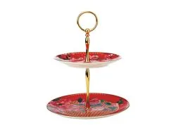 Teas & C's Silk Road 2 Tier Cake Stand Cherry Red Gift Boxed
